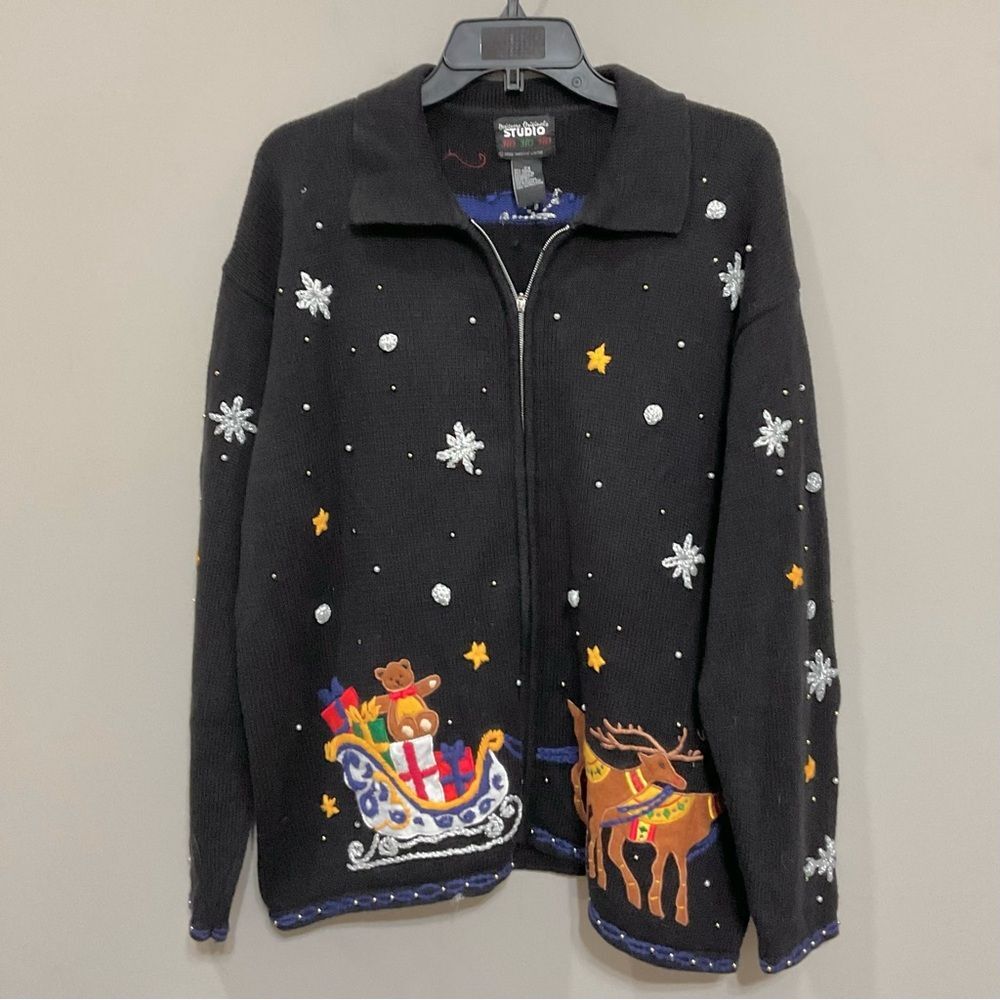 Ugly Christmas Sweater Cardigan Sz 2X Vintage Santa Claus Zip Front